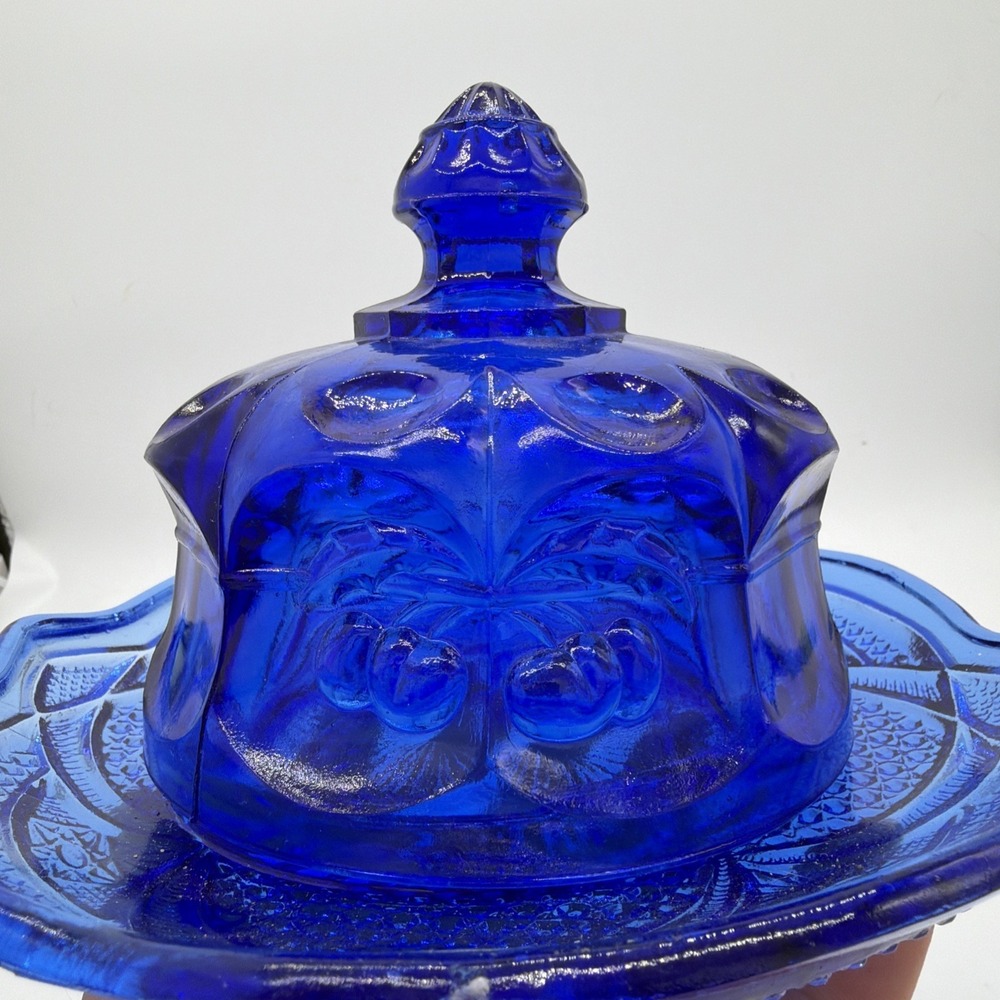 Mosser Style Cherry Thumbprint Round Cobalt Blue Glass Covered Butter Dish Read